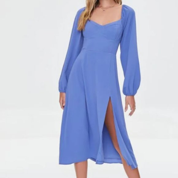 Forever 21 Small Blue Sweetheart Peasant-Sleeve Dress - Picture 1 of 5